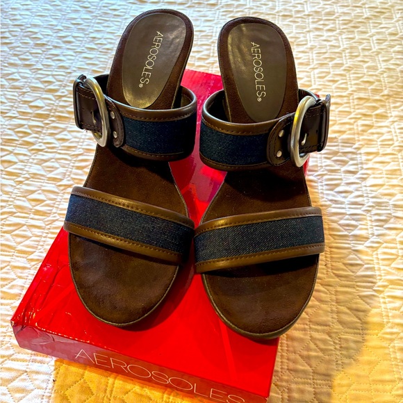 AEROSOLES Brown and Denim Heeled Sandals - Picture 2 of 4